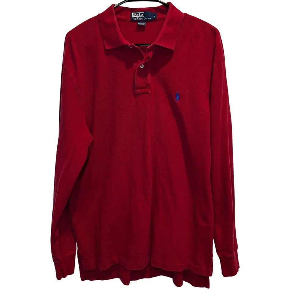 Polo‎ Ralph Lauren Large Long Sleeve Polo Men's Red Cotton Blue Pony Logo